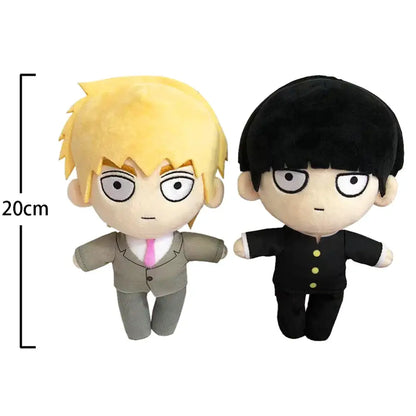 Two chibi-style plush dolls from Mob 100 featuring soft stuffed plush in grey suit and black uniform designs