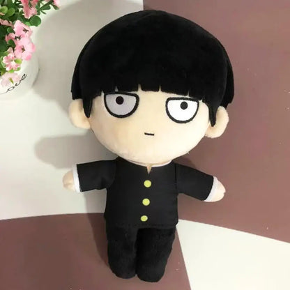 Black plush doll with short hair white eyes and black school uniform with yellow buttons soft stuffed plush