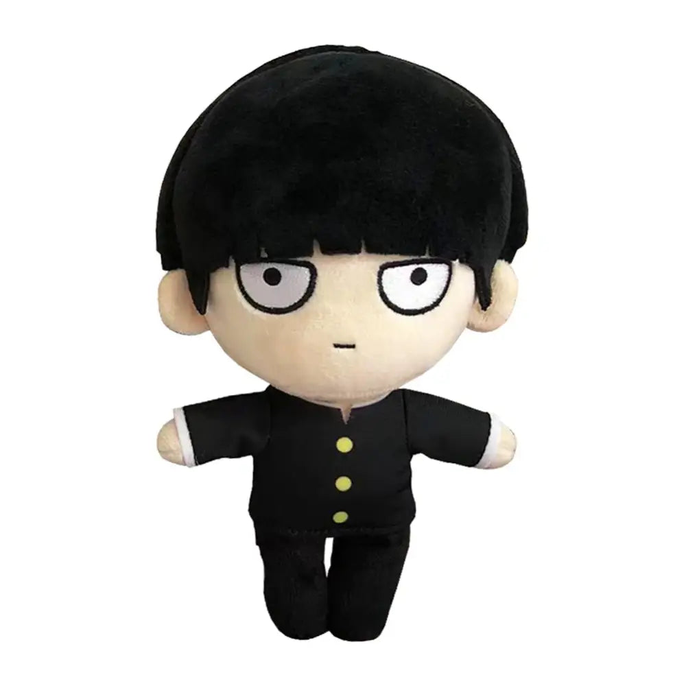 Mob 100 reigen arataka plush doll is a soft stuffed plush featuring black hair white eyes and a black uniform with yellow buttons
