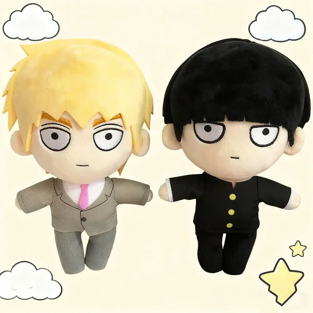 Two soft stuffed plush dolls featuring reigen arataka in beige suit and another character in black uniform with yellow buttons
