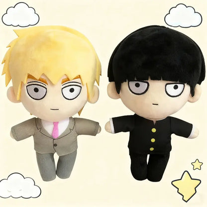 Two soft stuffed plush dolls featuring reigen arataka in beige suit and another character in black uniform with yellow buttons