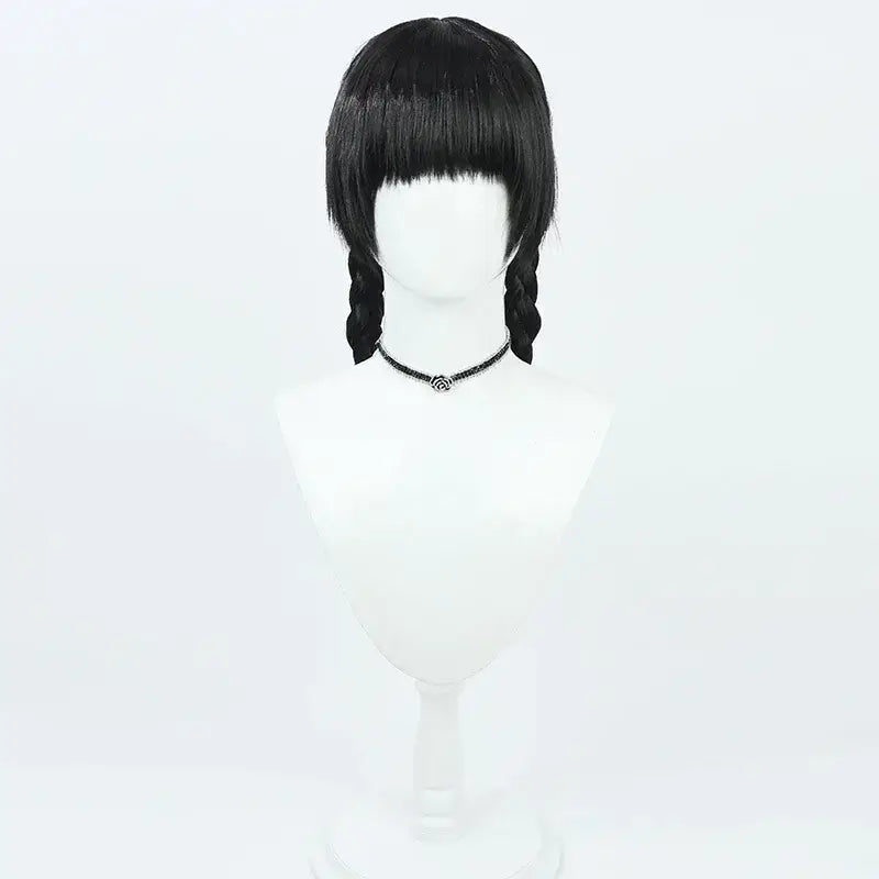 Black heat resistant synthetic mob psycho 100 arataka reigen cosplay wig with straight bangs and two braids on mannequin head