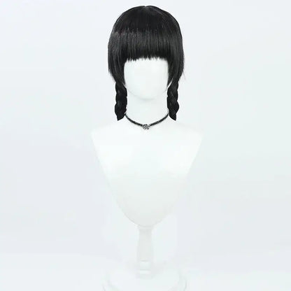 Black heat resistant synthetic mob psycho 100 arataka reigen cosplay wig with straight bangs and two braids on mannequin head
