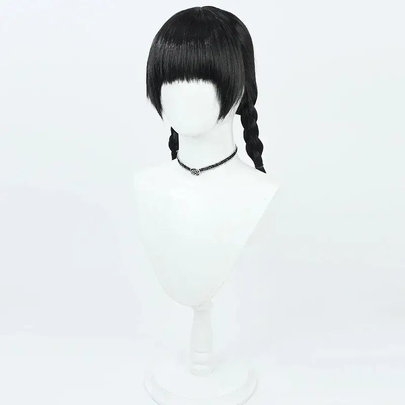 Black heat resistant synthetic wig with straight bangs and braided pigtails for mob psycho arataka reigen cosplay