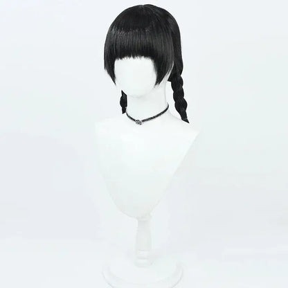 Black heat resistant synthetic wig with straight bangs and braided pigtails for mob psycho arataka reigen cosplay