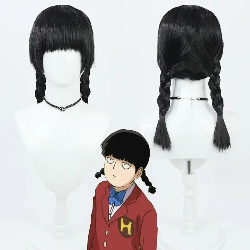 Black synthetic mob psycho 100 arataka reigen cosplay wig with straight bangs and braids heat resistant synthetic hair