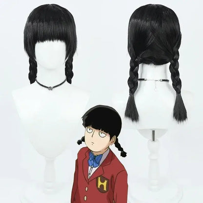 Black synthetic mob psycho 100 arataka reigen cosplay wig with straight bangs and braids heat resistant synthetic hair