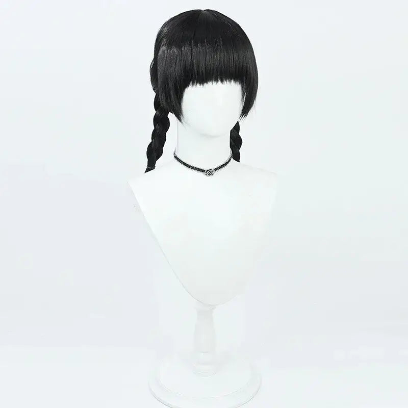 Black mob psycho 100 Arataka Reigen cosplay wig with straight bangs and braided pigtails heat resistant synthetic hair