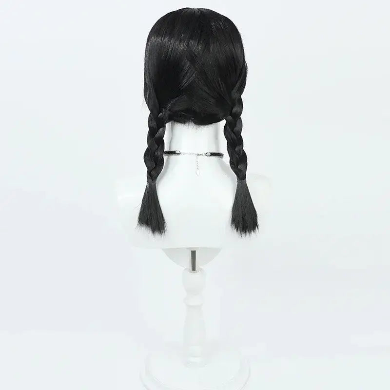 Black heat resistant synthetic mob psycho 100 arataka reigen cosplay wig styled in two thick braided pigtails