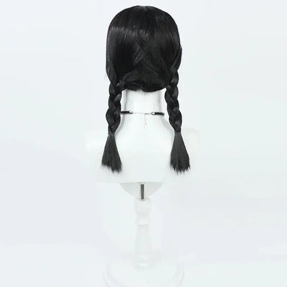 Black heat resistant synthetic mob psycho 100 arataka reigen cosplay wig styled in two thick braided pigtails