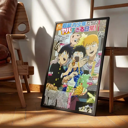 Black-framed mob classic poster wall art print featuring vibrant chainsaw man anime characters for dynamic wall art
