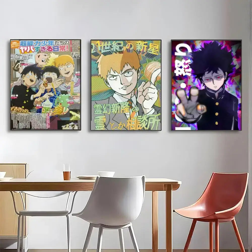 Three framed colorful mob psycho 100 mob classic poster wall art prints featuring dynamic anime character illustrations