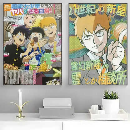 Two framed mob psycho 100 mob classic poster wall art prints featuring colorful anime characters and vibrant backgrounds