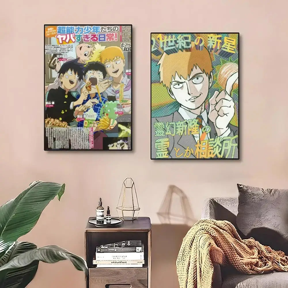 Two framed anime mob classic posters with vibrant colors and bold japanese text wall art print for room decor