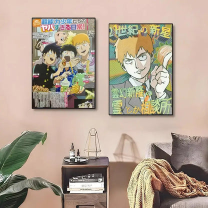Two framed anime mob classic posters with vibrant colors and bold japanese text wall art print for room decor