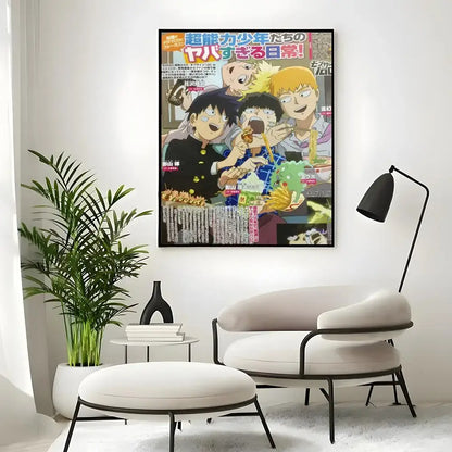 A framed mob psycho 100 mob classic poster wall art print with vibrant anime characters and bold japanese text