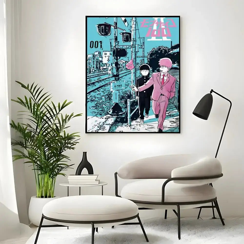 A framed mob psycho 100 mob classic poster wall art print with two characters in bold pink and teal colors on black outlines