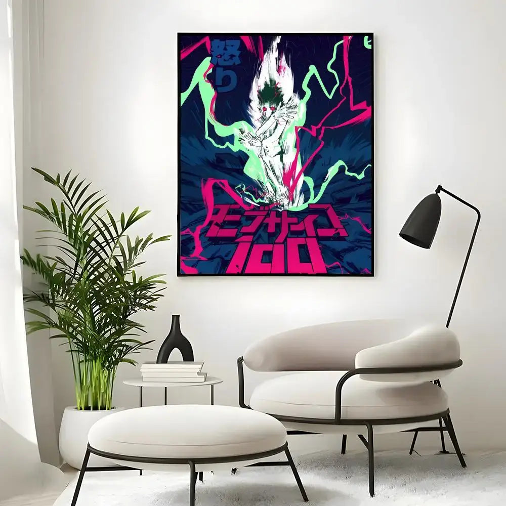 Vibrant mob psycho 100 mob classic poster wall art print with glowing green and pink energy on dark background framed in black