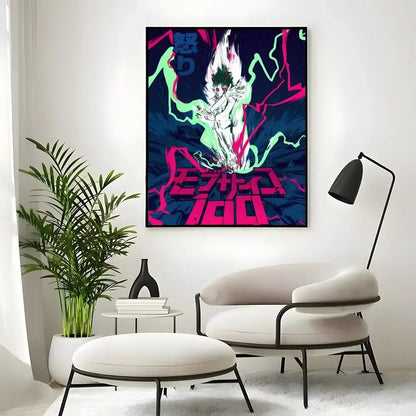 Vibrant mob psycho 100 mob classic poster wall art print with glowing green and pink energy on dark background framed in black