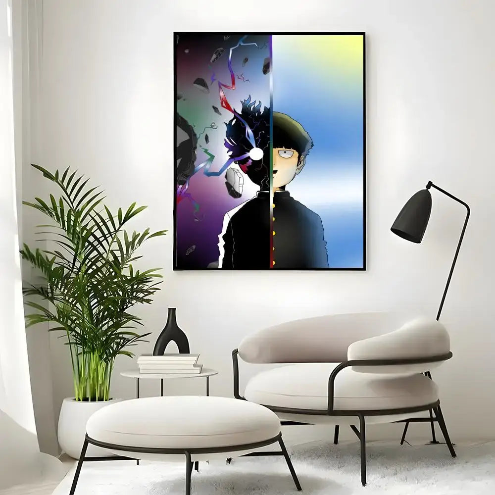 Framed mob classic poster wall art print featuring anime character split with dark chaotic and calm blue tones
