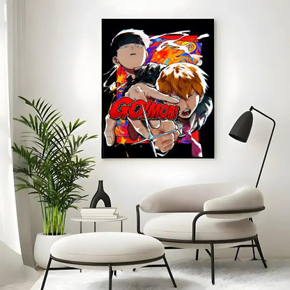 Vibrant black and red mob classic poster wall art print featuring two characters in dynamic action poses for wall art