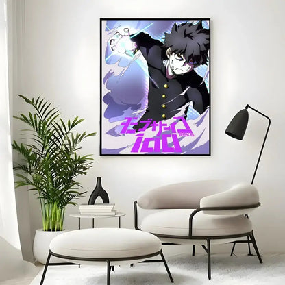 A framed mob classic poster wall art print featuring a character in a black uniform with gold buttons on purple background