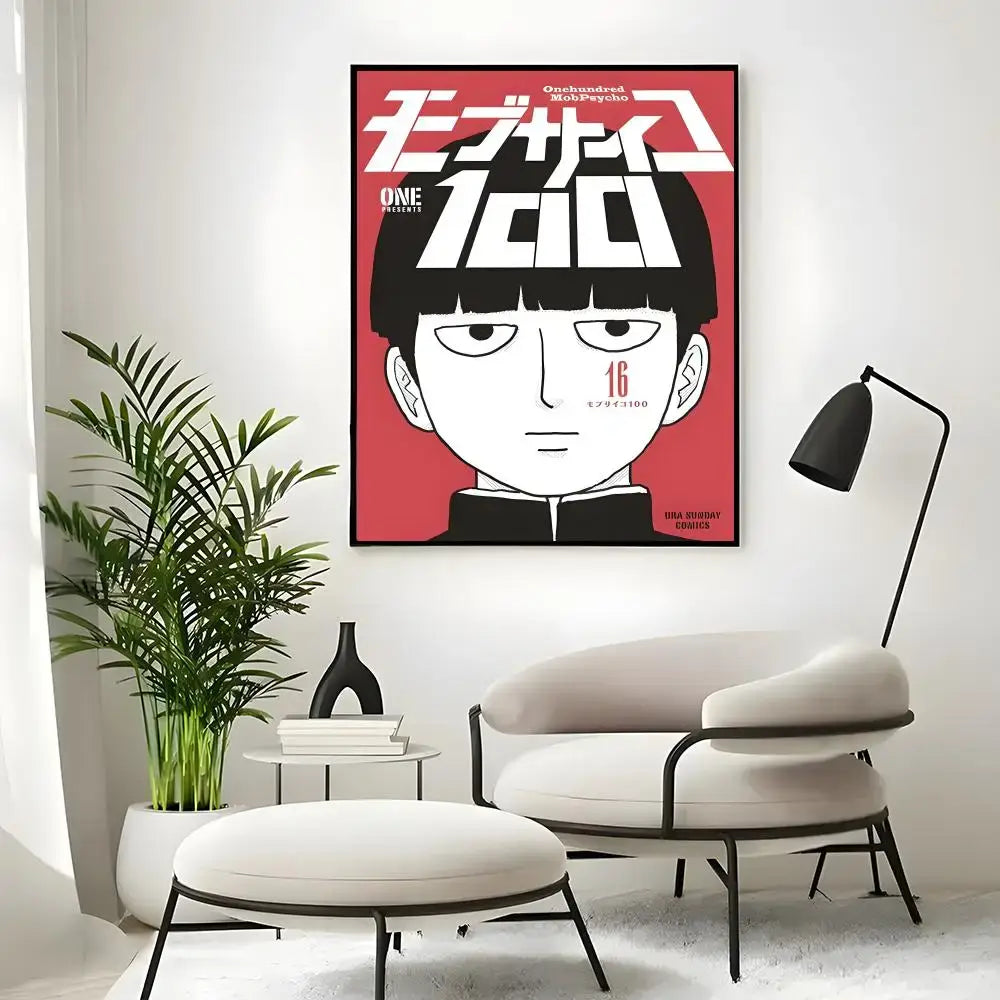 Mob classic poster wall art print featuring red and black framed stylized one punch man manga illustration