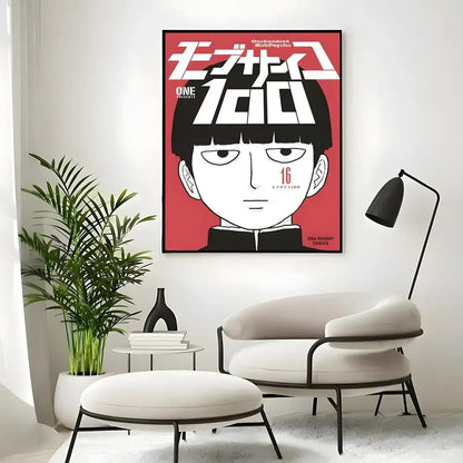 Mob classic poster wall art print featuring red and black framed stylized one punch man manga illustration