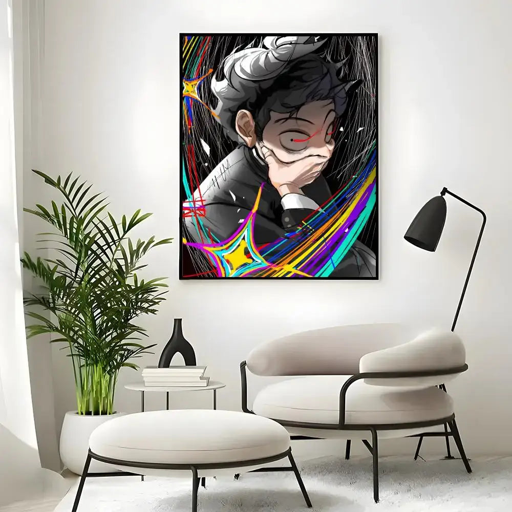 A vibrant mob psycho 100 mob classic poster wall art print featuring dark hair character with red eyes and rainbow streaks background