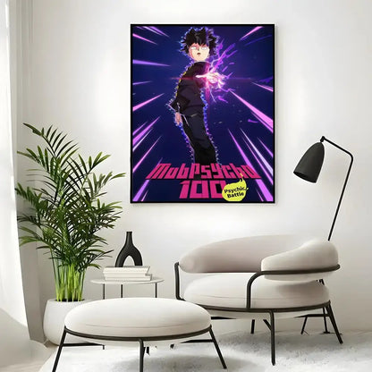 Mob classic poster wall art print featuring vibrant purple and pink mob psycho 100 anime design with electric energy effects