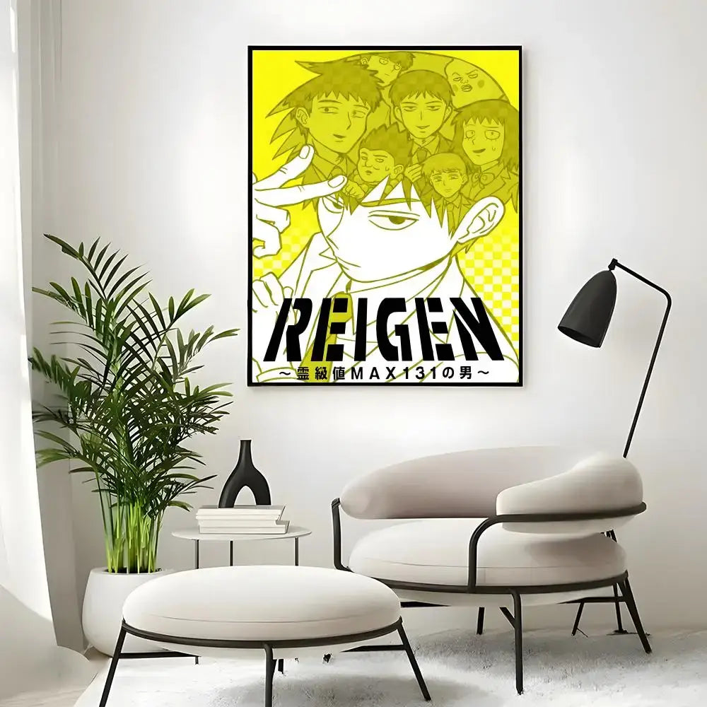 Bright yellow wall art print of reigen from chainsaw man with bold black lettering on a checkered mob classic poster