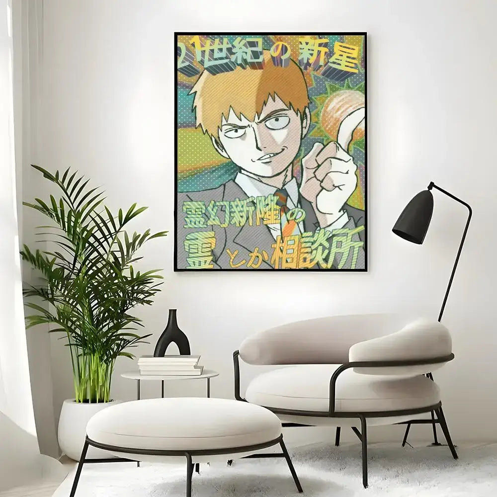 A framed mob classic poster wall art print featuring an anime character with orange hair and glasses on a colorful background
