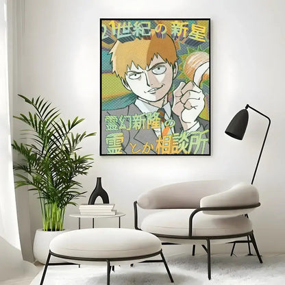 A framed mob classic poster wall art print featuring an anime character with orange hair and glasses on a colorful background