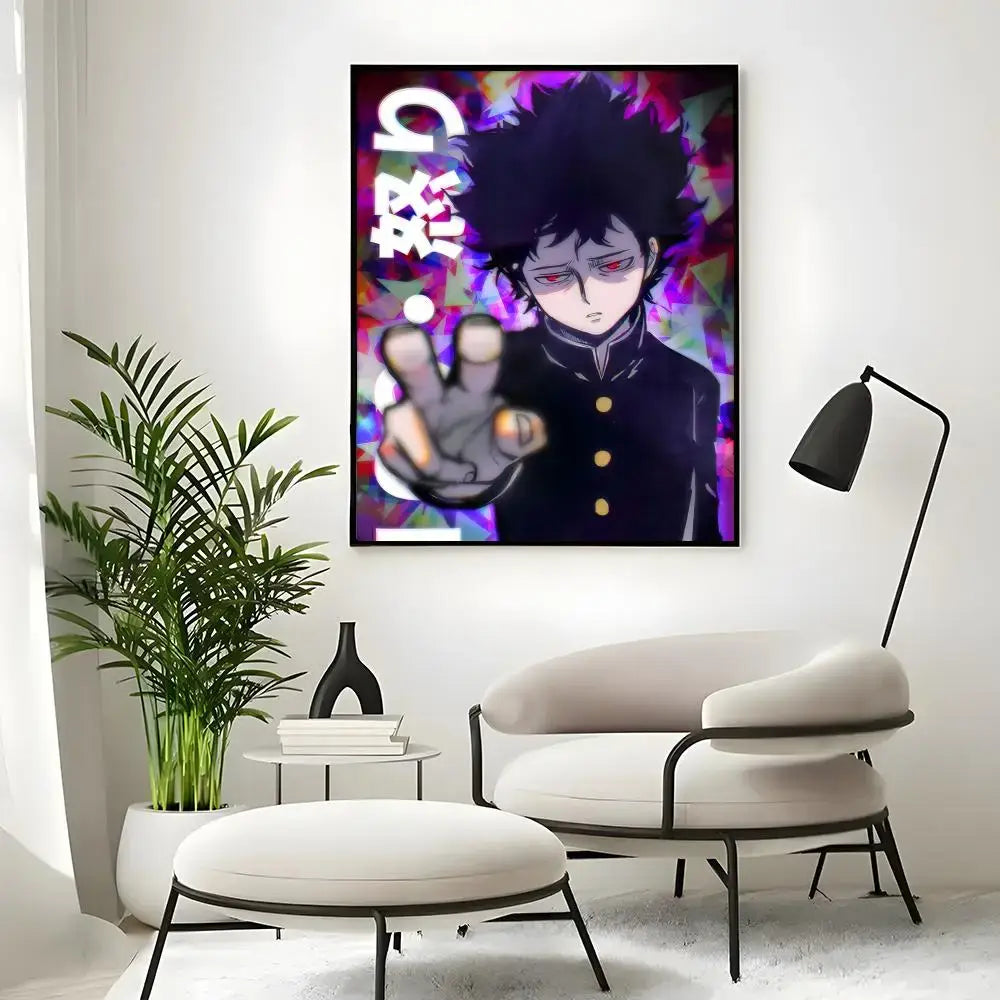 Vibrant mob psycho 100 mob classic poster featuring a character with spiky black hair and red eyes wall art print