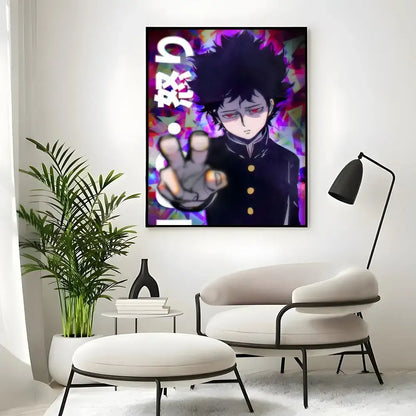 Vibrant mob psycho 100 mob classic poster featuring a character with spiky black hair and red eyes wall art print