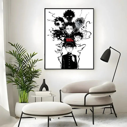 Black and white framed mob classic poster wall art print featuring anime characters with bold red text from mob psycho 100