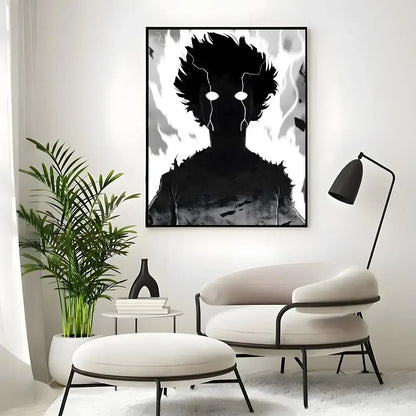 Black-framed black-and-white mob classic poster featuring a stylized silhouette with spiky hair and glowing eyes wall art print