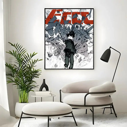 A framed mob classic poster wall art print featuring a black and white anime illustration with bold red lettering and mechanical details