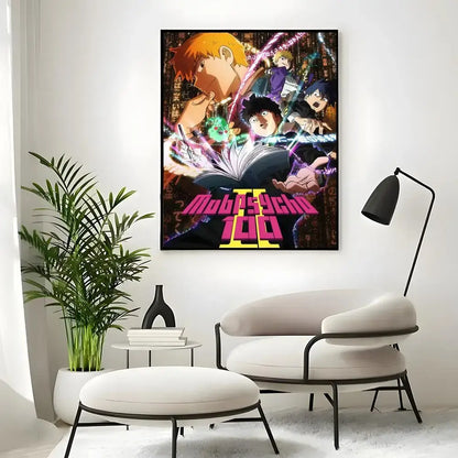Vibrant mob psycho 100 mob classic poster wall art print featuring dynamic colorful characters in an action-packed scene