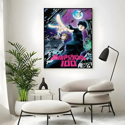 Vibrant mob psycho 100 mob classic poster wall art print featuring bold pink title and dynamic characters on cityscape background
