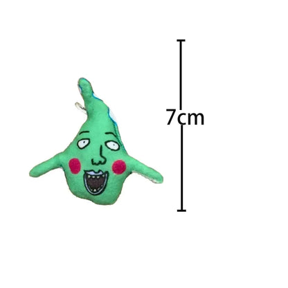 Mob psycho soft plush green plush pendant keychain shaped like a cartoonish creature with red cheeks and wide eyes