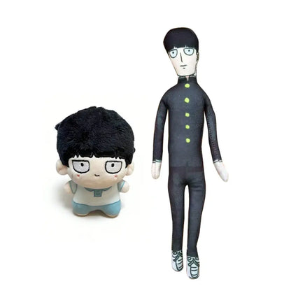 Black and white mob psycho soft plush pendant with green buttons wearing a school uniform plush keychain