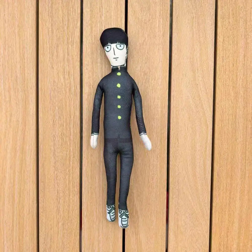 Mob psycho 100 dimple plush keychain soft plush pendant with black fabric, lime green buttons, and white shoes