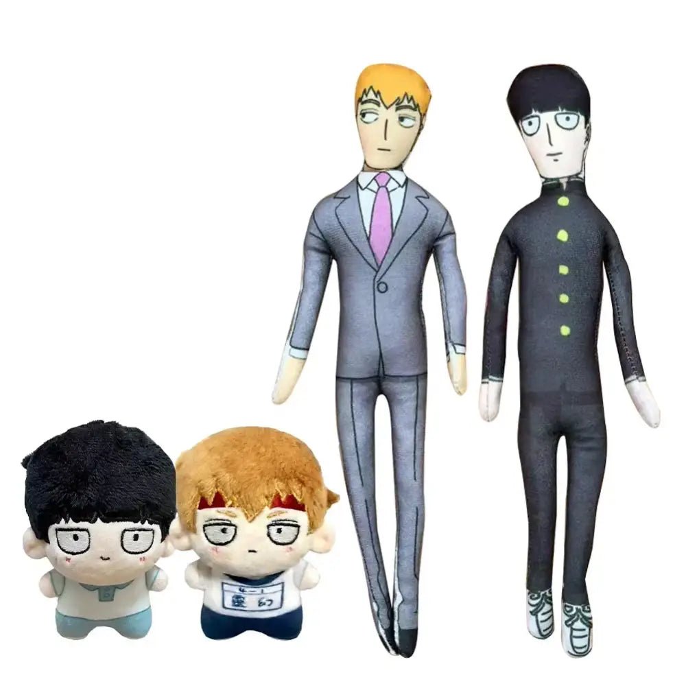 Mob psycho 100 dimple soft plush pendant keychain featuring gray suit doll with pink tie and blonde hair