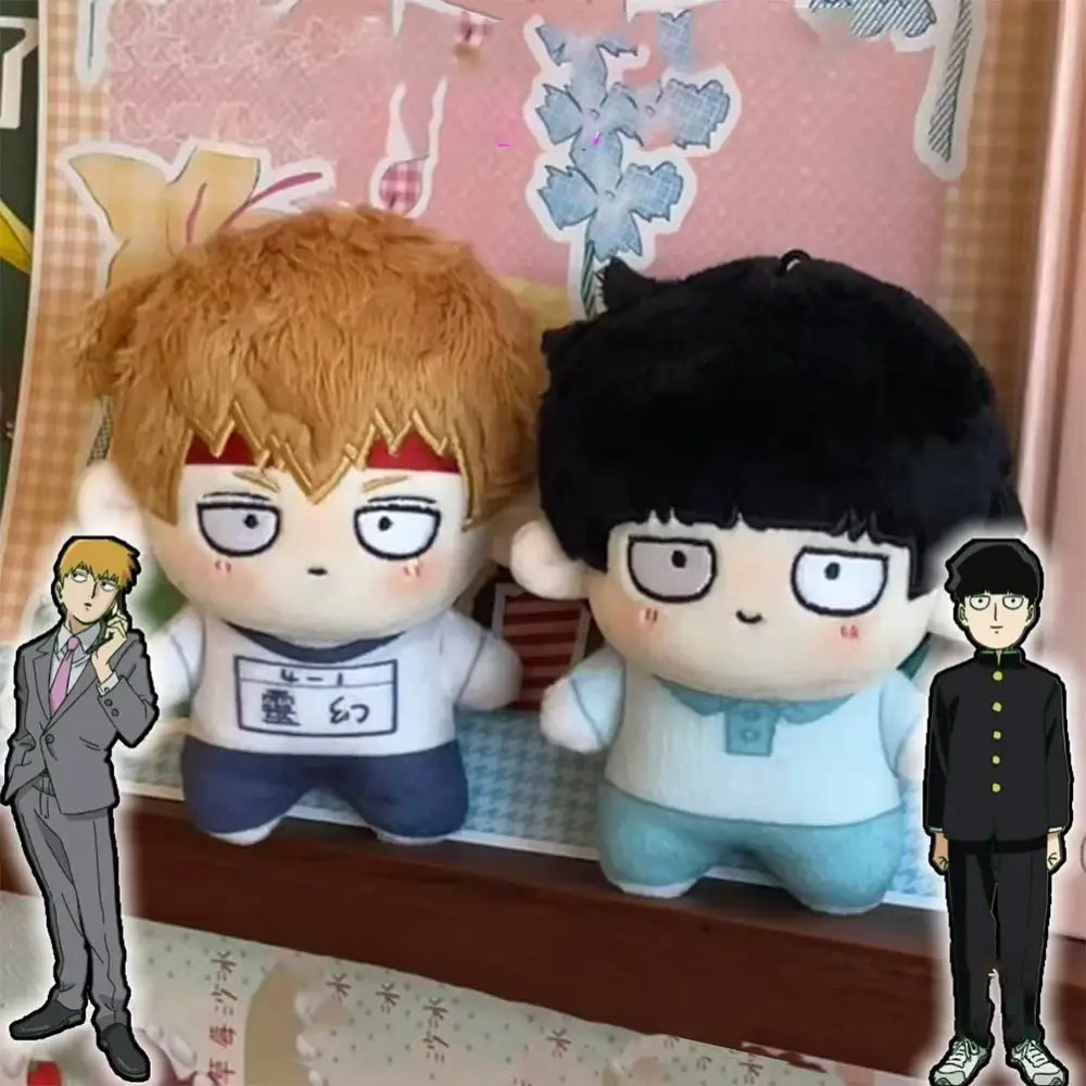 Mob psycho 100 dimple plush keychain featuring soft plush orange and black hair characters in school uniforms on pink backdrop