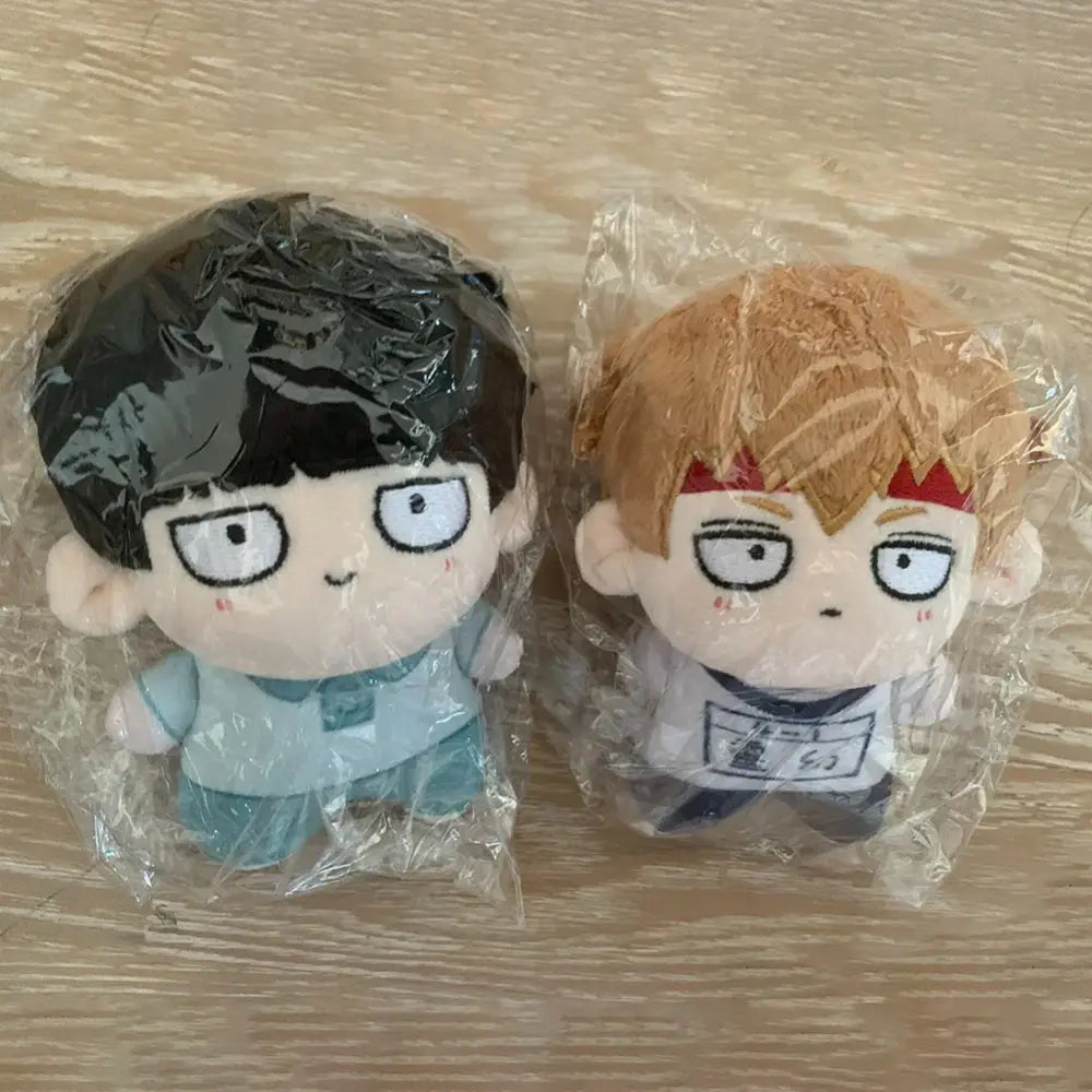 Mob psycho 100 dimple plush keychain features two soft plush pendant characters with black and blonde hair attire