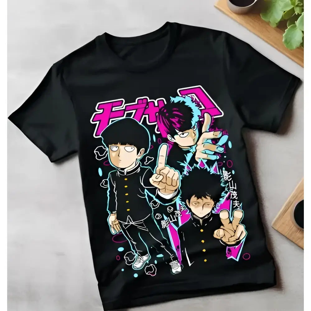 Black short-sleeved mob psycho dimple t-shirt featuring neon pink and cyan anime characters in school uniforms