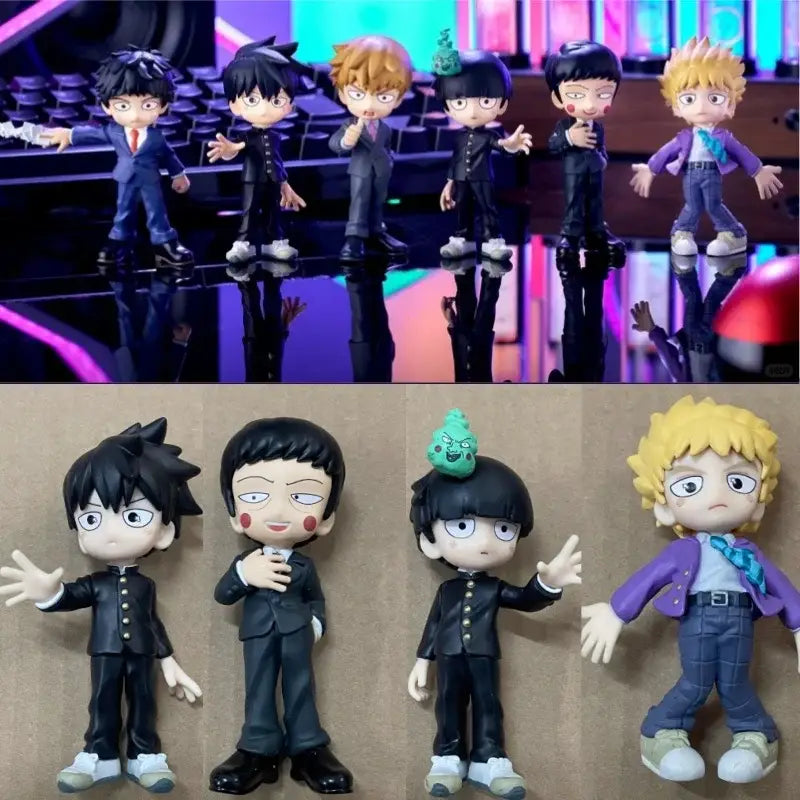 Six chibi-style mob psycho 100 iii mob character palverse style pvc mini models featuring green slime and purple attire