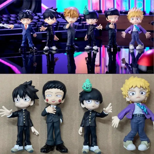 Six chibi-style mob psycho 100 iii mob character palverse style pvc mini models featuring green slime and purple attire
