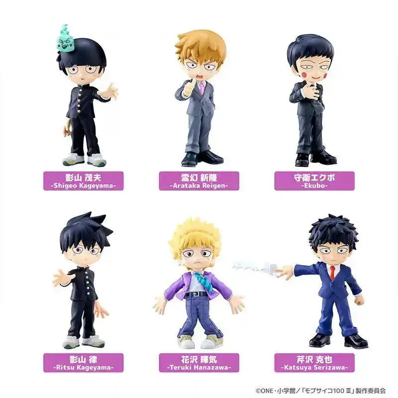 Six my hero academia collectible figurines with character names displayed as mob psycho 100 iii q style pvc mini model